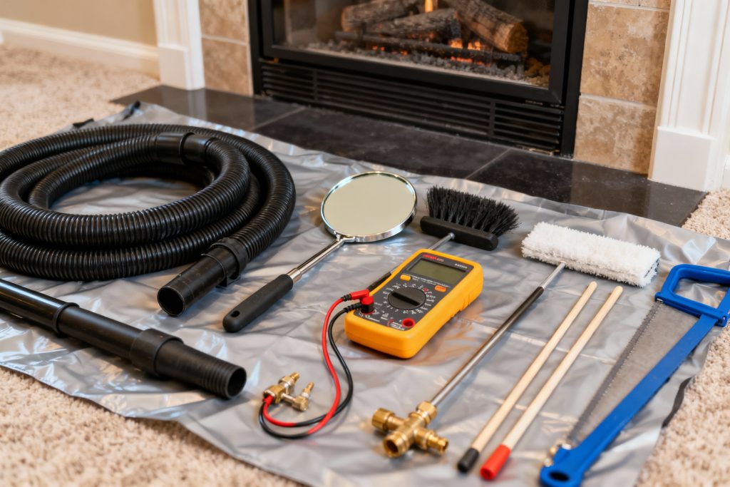 Professional gas fireplace maintenance tools on protective tarp in Garrettsville, OH