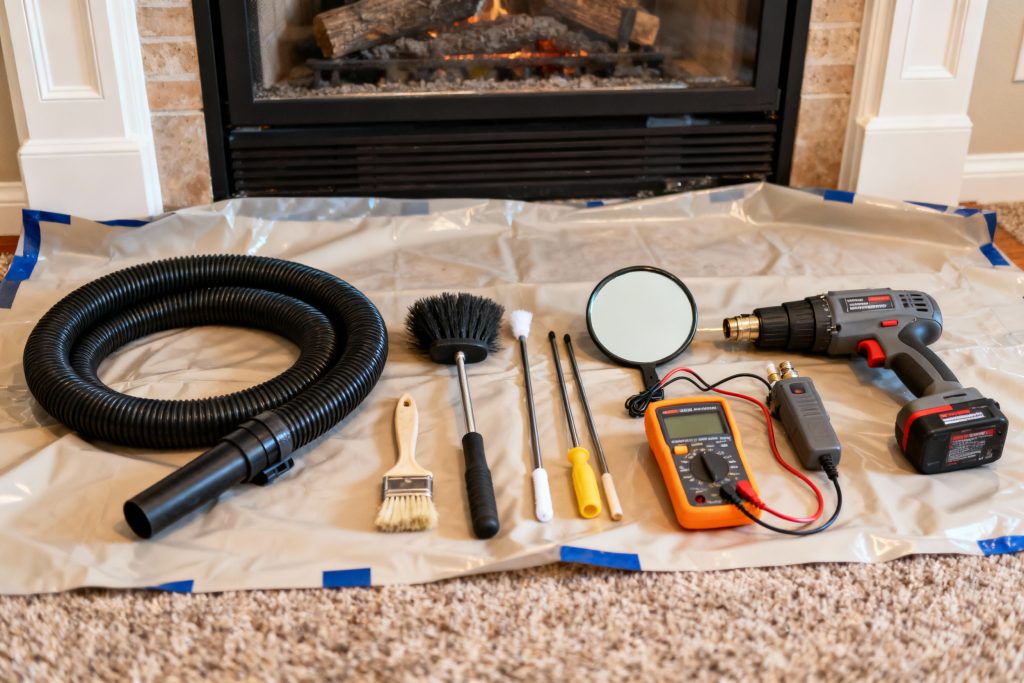 Professional gas fireplace maintenance tools on protective tarp in Glenview, IL
