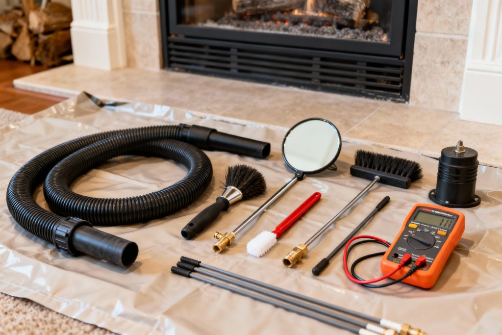 Professional gas fireplace maintenance tools on protective tarp in Hillsboro, OR