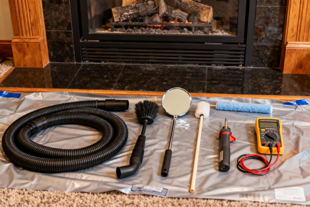 Professional HVAC technician with tools on protective tarp servicing gas fireplace in Hillsboro, OR