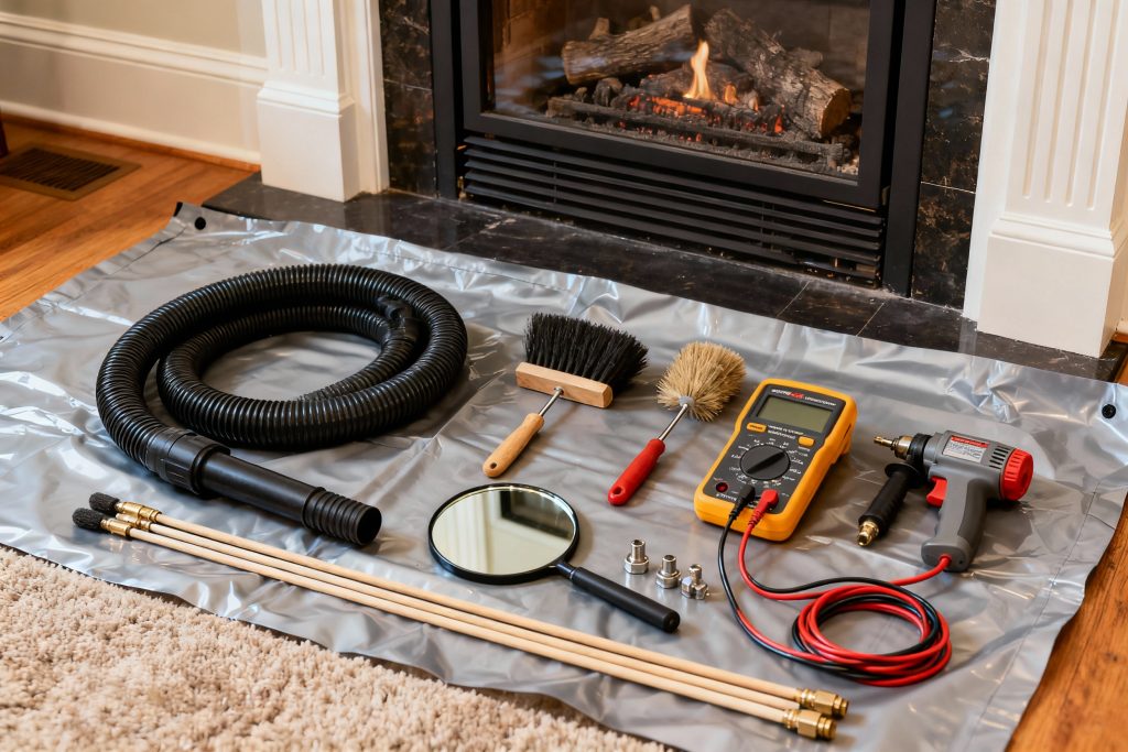 Professional HVAC technician with tools on protective tarp servicing gas fireplace in Hingham, MA