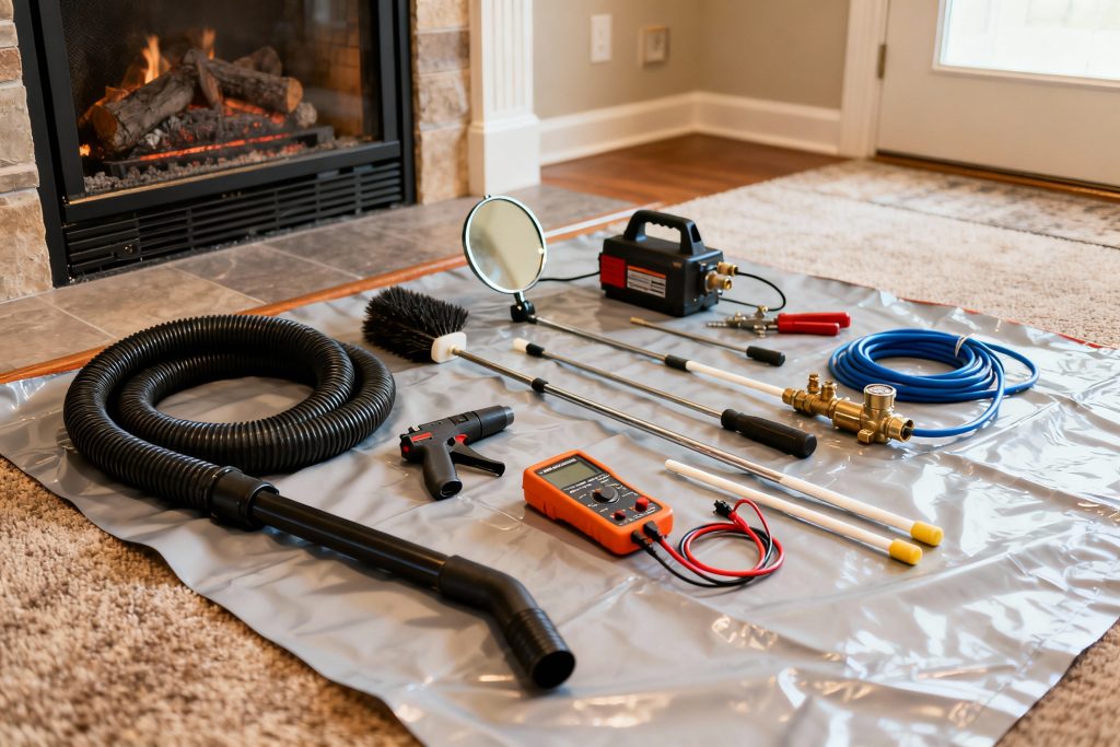 Professional gas fireplace maintenance tools on protective tarp in Hoffman Estates, IL