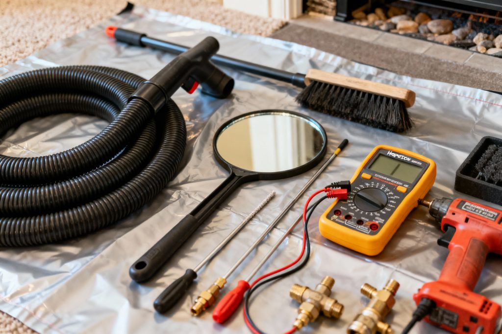 Professional HVAC technician with tools on protective tarp servicing gas fireplace in Hopkinton, MA