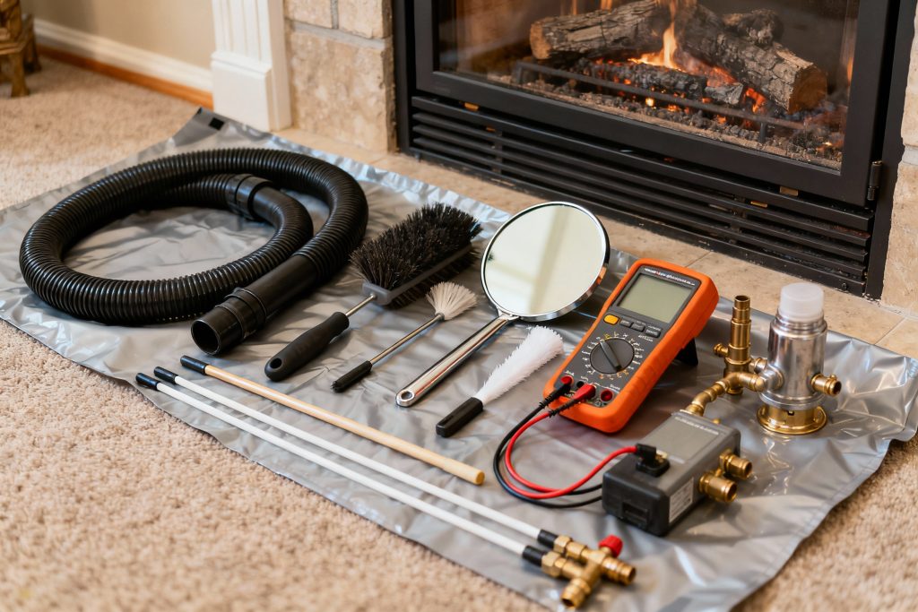 Professional gas fireplace maintenance tools on protective tarp in Independence, OH