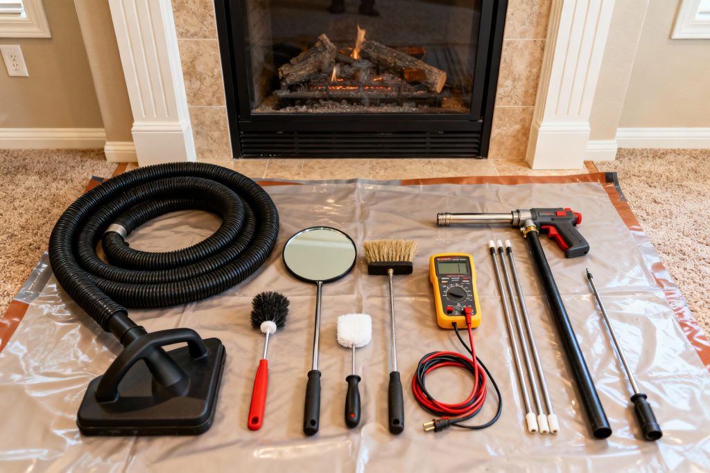Professional gas fireplace maintenance tools on protective tarp in Jacksonville, FL