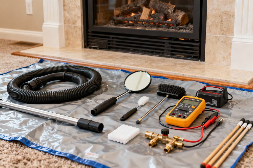 Professional gas fireplace maintenance tools on protective tarp in Lakeville, MN