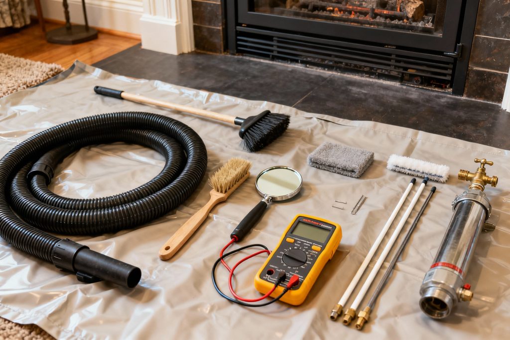 Professional gas fireplace maintenance tools on protective tarp in Lee, MA