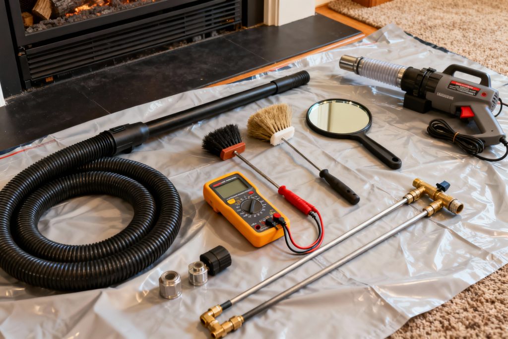 Professional gas fireplace maintenance tools on protective tarp in Longview, WA