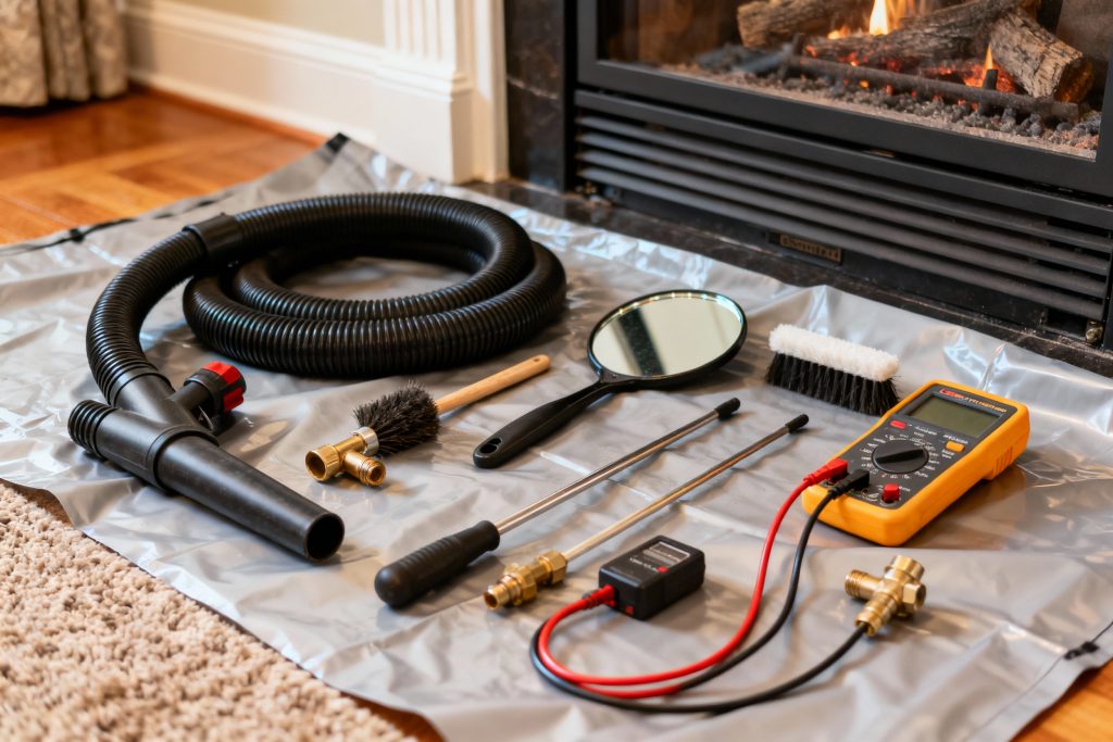 Professional HVAC technician with tools on protective tarp servicing gas fireplace in Medford, MA
