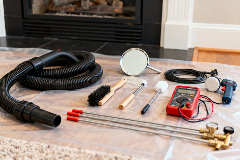 Professional gas fireplace maintenance tools on protective tarp in Milton, MA