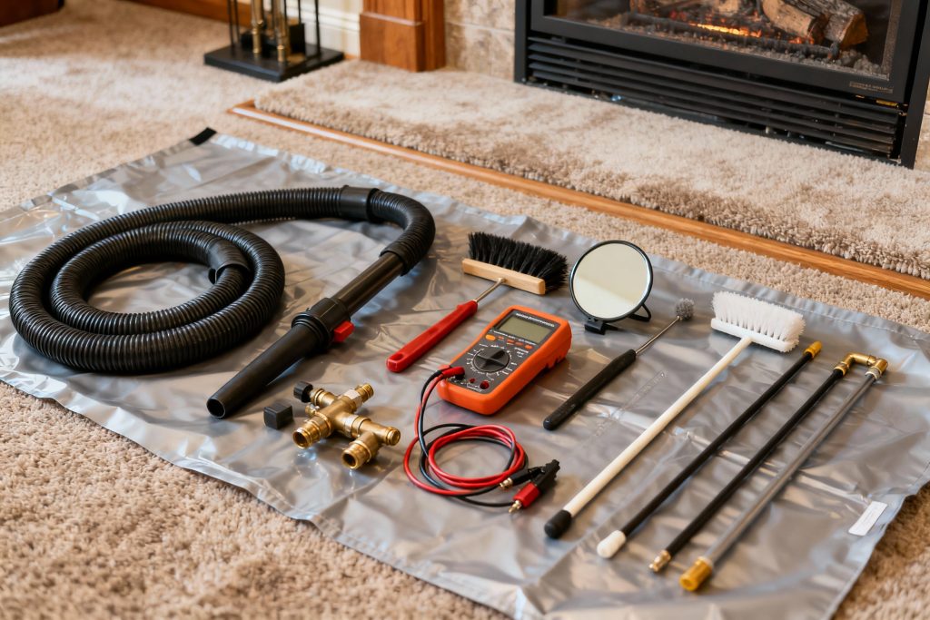 Professional gas fireplace maintenance tools on protective tarp in Monroe, WA