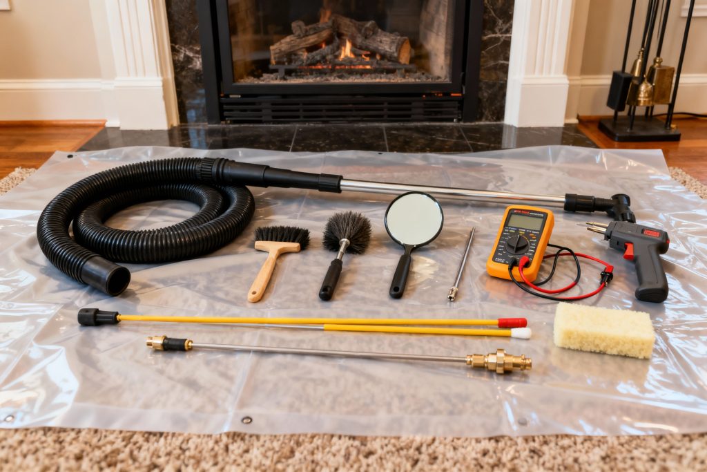 Professional HVAC technician with tools on protective tarp servicing gas fireplace in Natick, MA