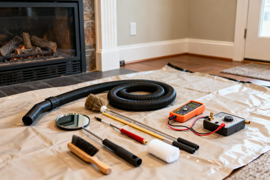 Professional gas fireplace maintenance tools on protective tarp in Newport, OR