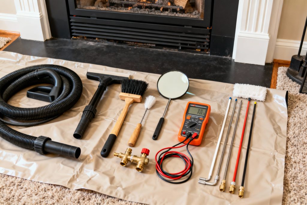 Professional gas fireplace maintenance tools on protective tarp in Newton, MA