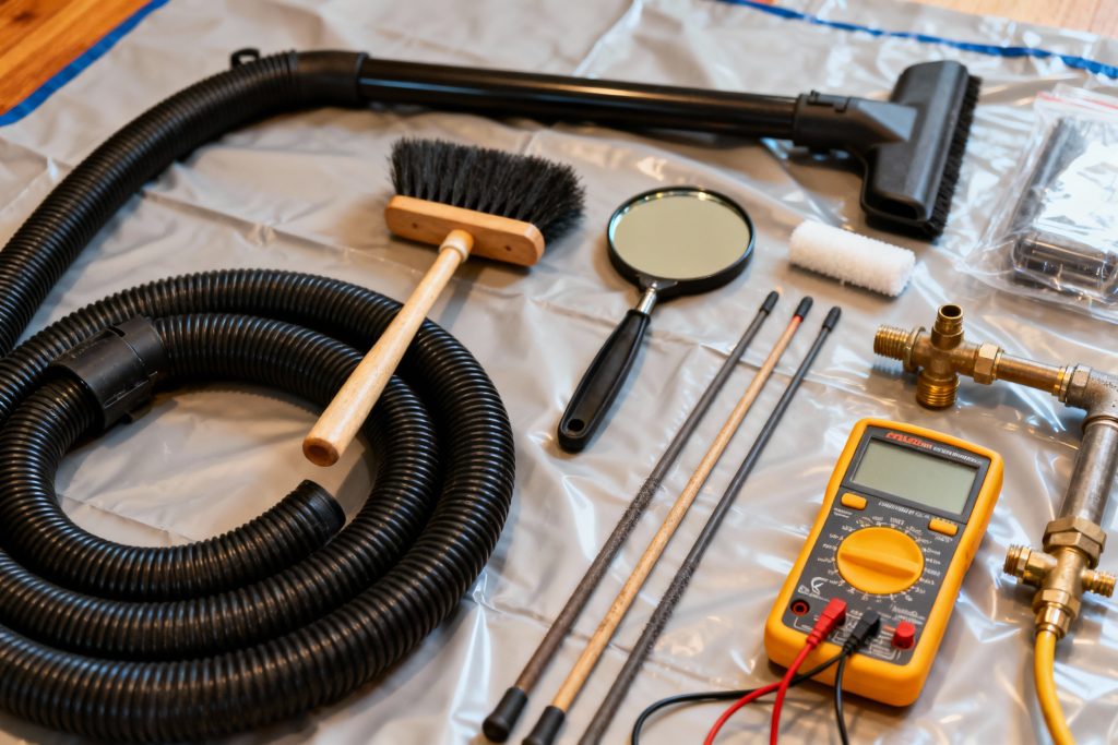 Professional HVAC technician with tools on protective tarp servicing gas fireplace in Northborough, MA