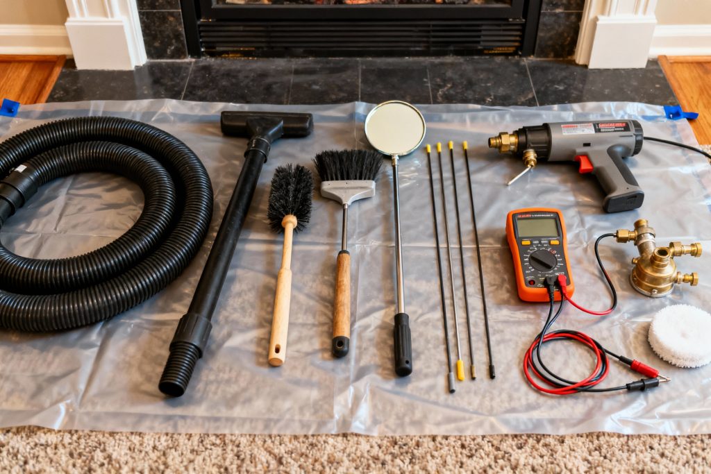 Professional gas fireplace maintenance tools on protective tarp in Oak Park, IL