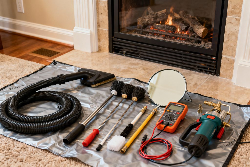 Professional gas fireplace maintenance tools on protective tarp in Providence, RI