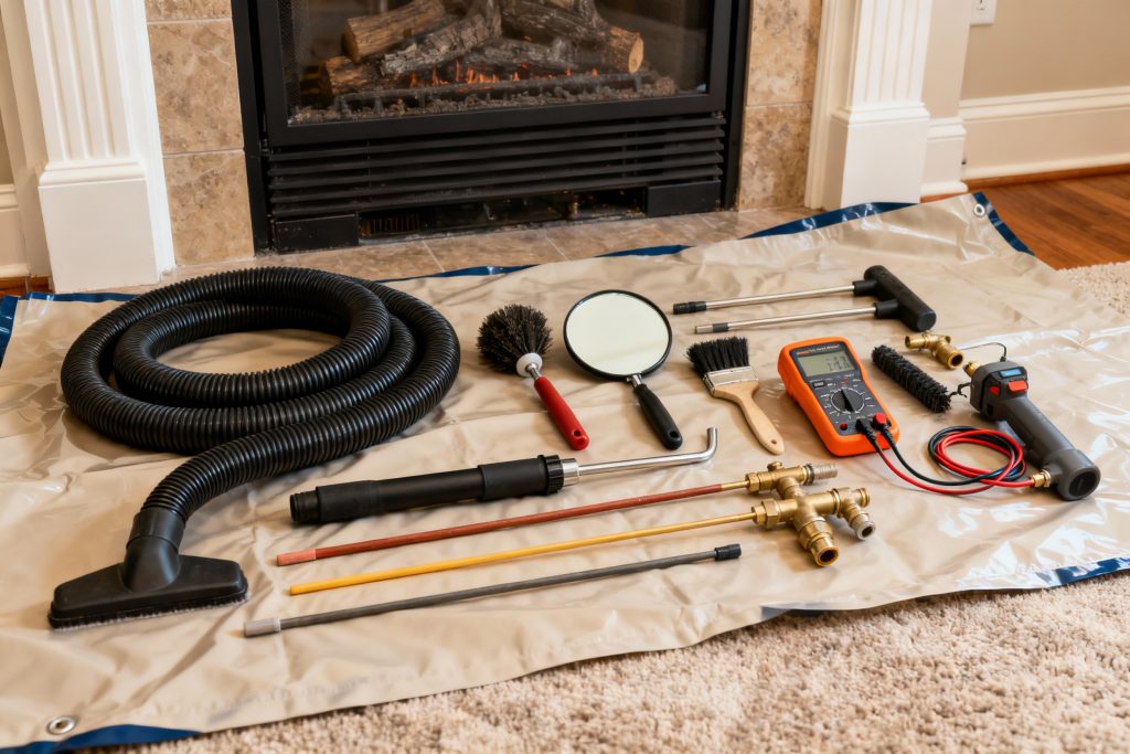 Professional gas fireplace maintenance tools on protective tarp in Quincy, MA