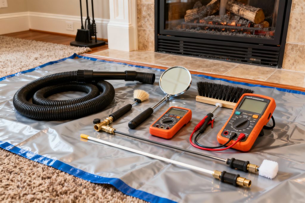 Professional gas fireplace maintenance tools on protective tarp in Renton, WA