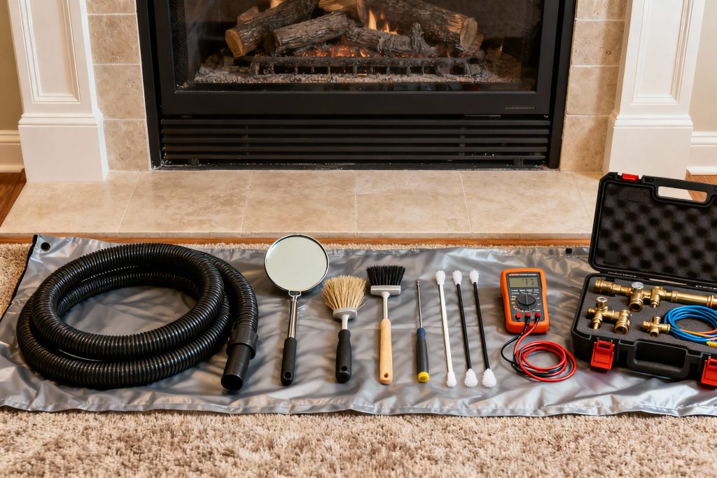 Professional gas fireplace maintenance tools on protective tarp in Saint Paul, MN