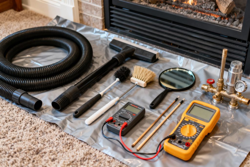 Professional HVAC technician with tools on protective tarp servicing gas fireplace in Salem, OR
