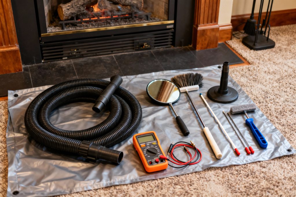 Professional HVAC technician with tools on protective tarp servicing gas fireplace in Sandy, OR