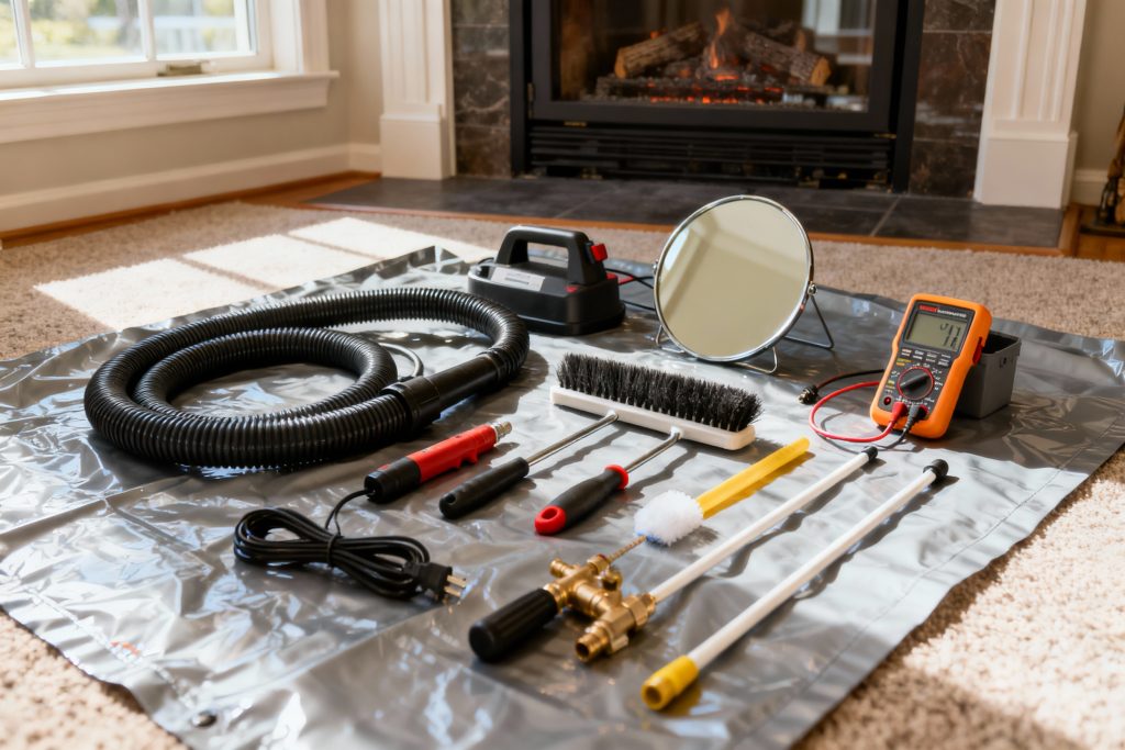 Professional HVAC technician with tools on protective tarp servicing gas fireplace in Seaside, OR