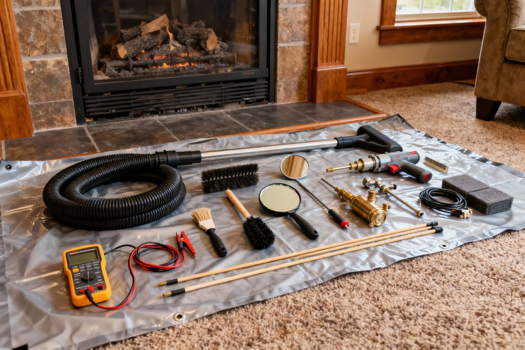 Professional gas fireplace maintenance tools on protective tarp in St. Helens, OR