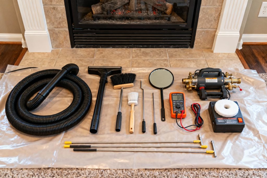 Professional HVAC technician with tools on protective tarp servicing gas fireplace in Tigard, OR
