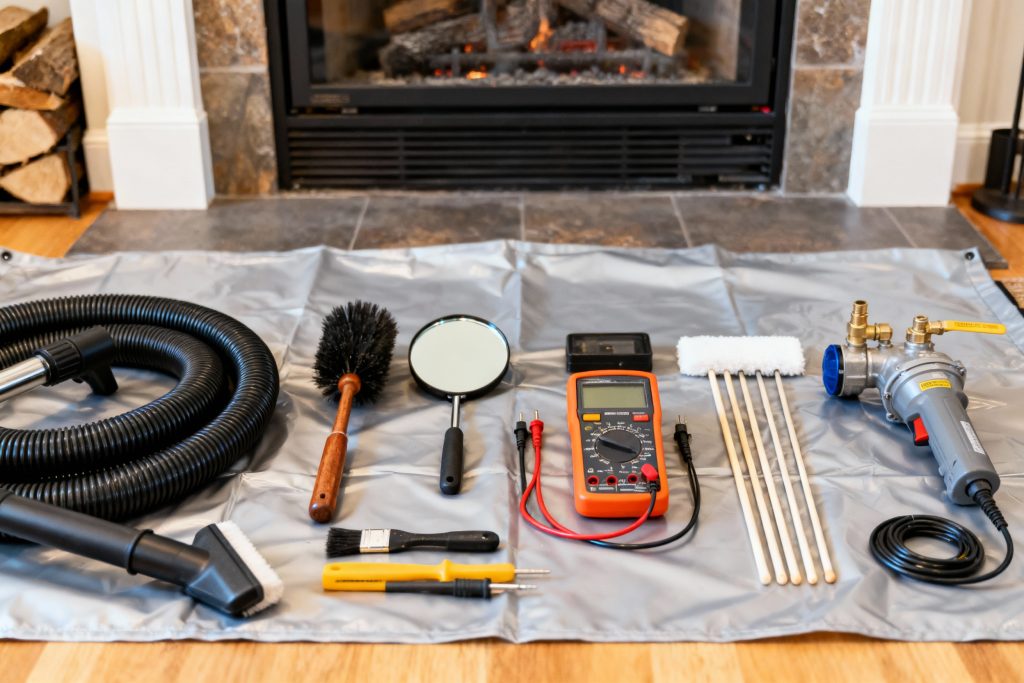 Professional HVAC technician with tools on protective tarp servicing gas fireplace in Tillamook, OR