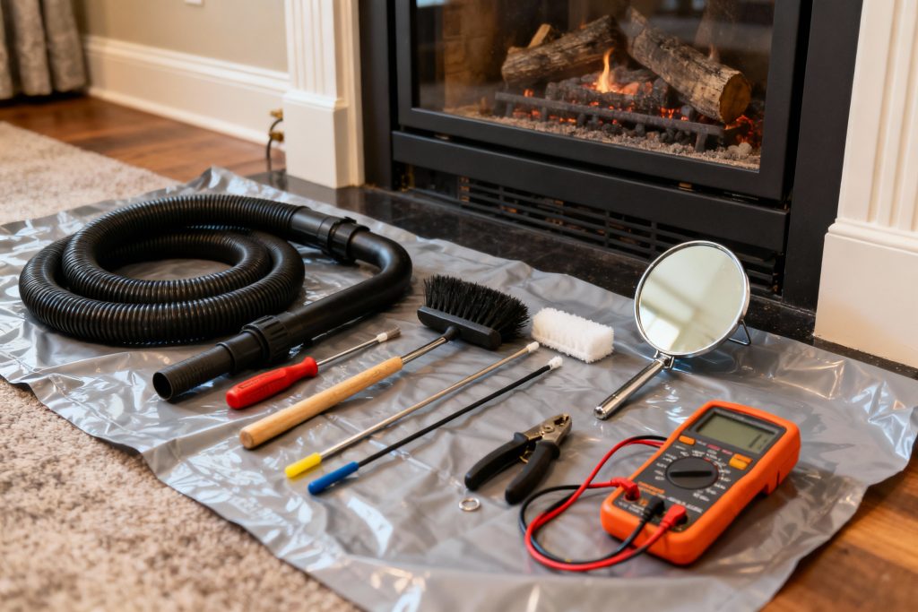 Professional gas fireplace maintenance tools on protective tarp in Vancouver, WA