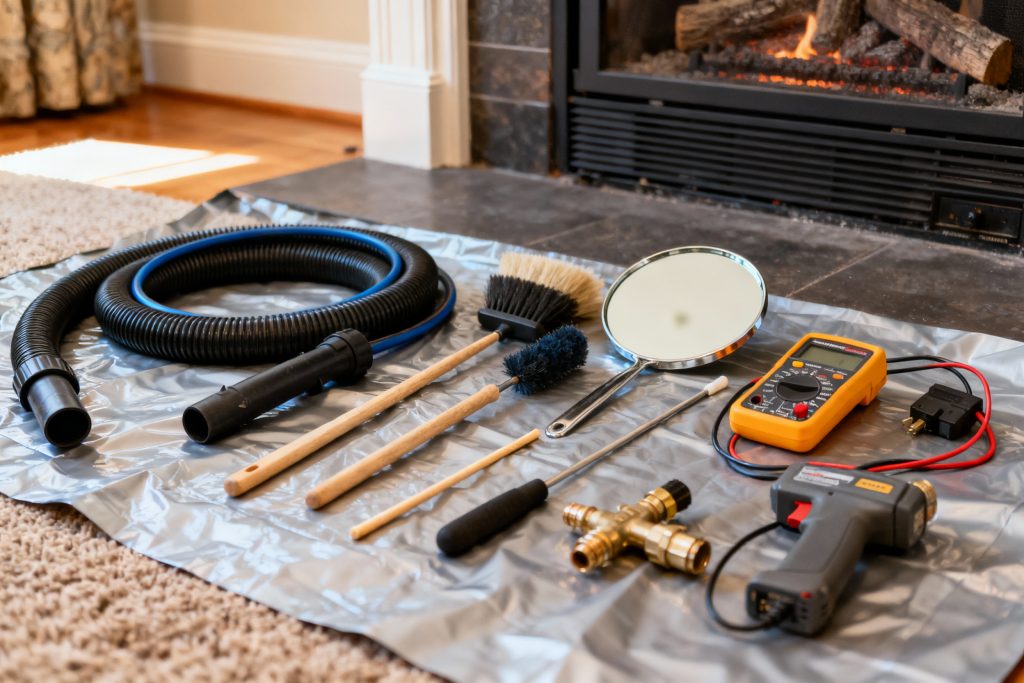 Professional gas fireplace maintenance tools on protective tarp in Wakefield, MA