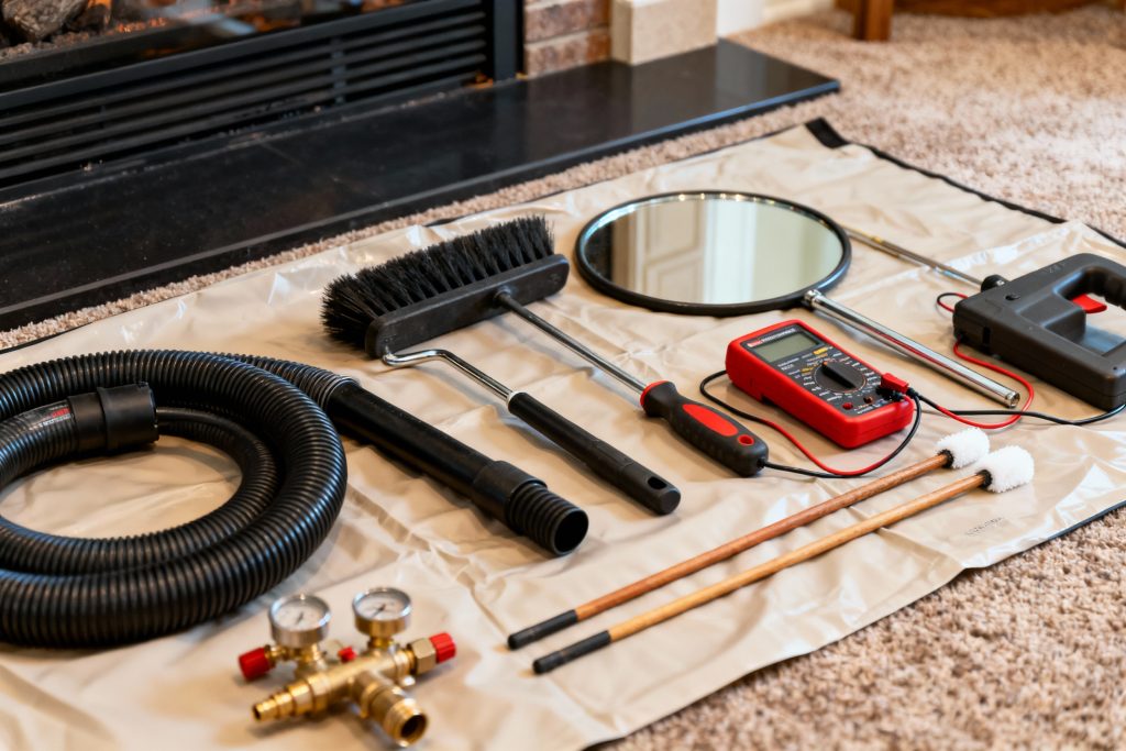 Professional gas fireplace maintenance tools on protective tarp in Westerville, OH