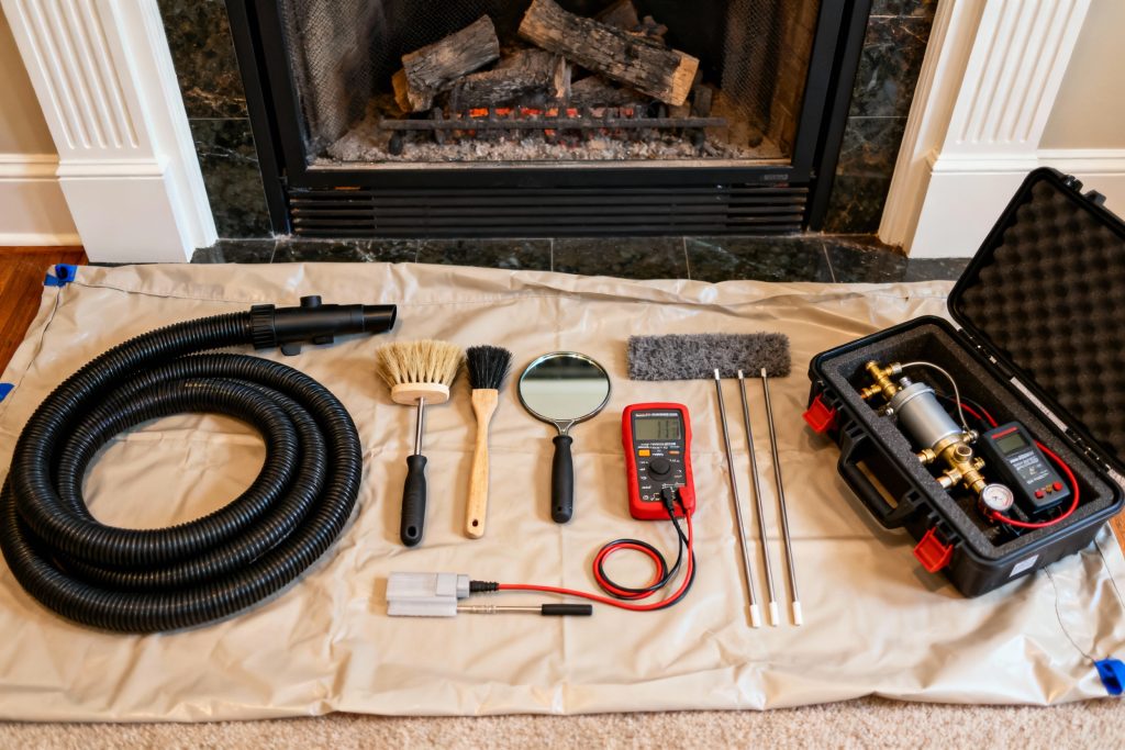 Professional HVAC technician with tools on protective tarp servicing gas fireplace in Westwood, MA