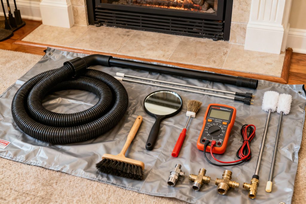 Professional HVAC technician with tools on protective tarp servicing gas fireplace in Worcester, MA