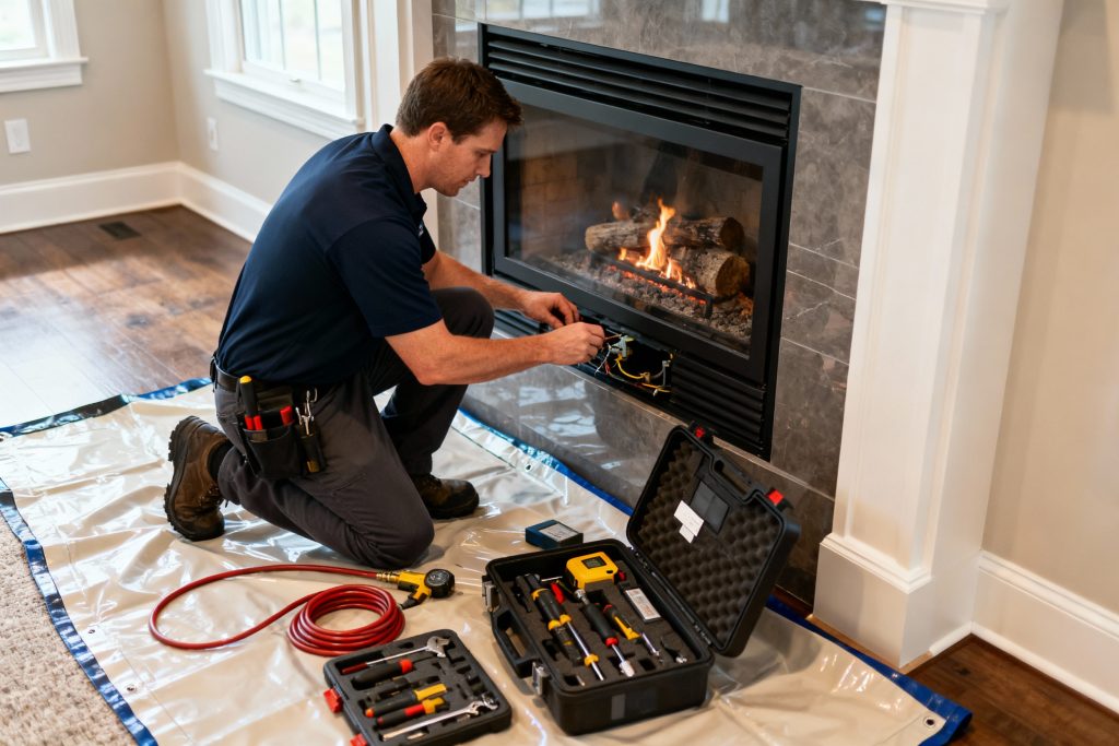 Professional HVAC technician with tools on protective tarp servicing gas fireplace in Worcester, MA