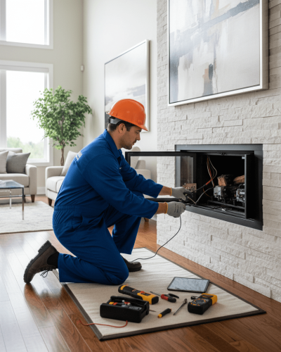 Professional technician repairing a modern gas fireplace safely at home.